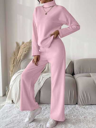 EURMUSE Mock Neck Drop Shoulder Tee & Pants