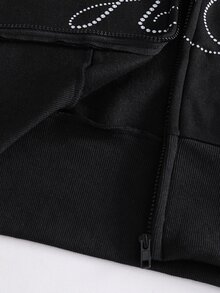 SHEIN 青少年女孩 Y2K 甜酷風運動衫外套，長袖，抓絨，秋季服飾，街頭風，派對萬聖節，黑色與銀黑色 - 黑色 - 查看 6