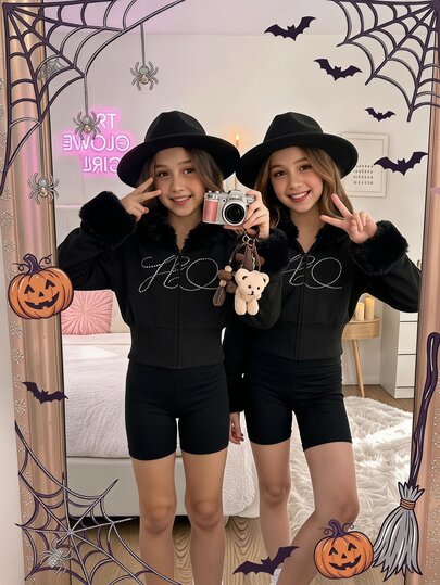 SHEIN 1pc Tween Girls Y2K Sweet & Cool Style Sweatshirt Jacket, Long Sleeve, Fleece, Fall Clothes, Daily Streetwear, Campus Commute, Party Wear
