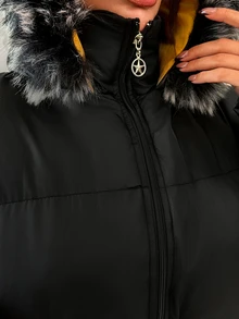 Rafferiza Fax Fur Hooded Belted And Pocket Detailed Elegant Style Black Color Long Winter Coats - Black - View 8
