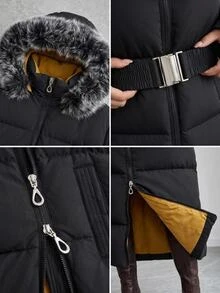 Rafferiza Fax Fur Hooded Belted And Pocket Detailed Elegant Style Black Color Long Winter Coats - Black - View 5