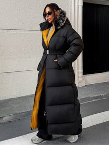 Rafferiza Fax Fur Hooded Belted And Pocket Detailed Elegant Style Black Color Long Winter Coats - Black - View 7