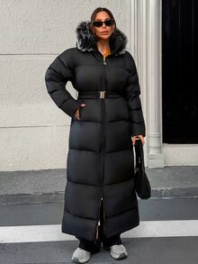 Rafferiza Fax Fur Hooded Belted And Pocket Detailed Elegant Style Black Color Long Winter Coats - Black - View 11