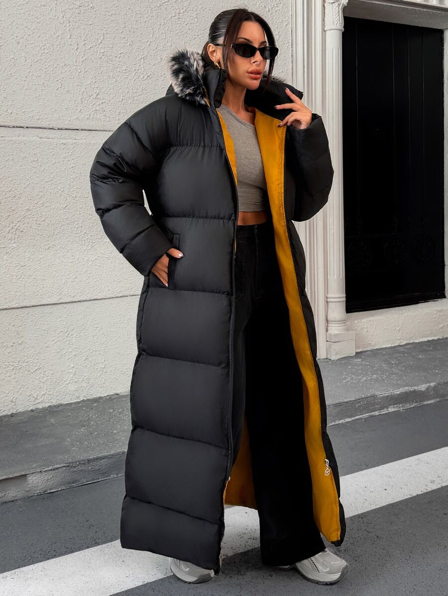 Rafferiza Fax Fur Hooded Belted And Pocket Detailed Elegant Style Black Color Long Winter Coats - Black - View 1