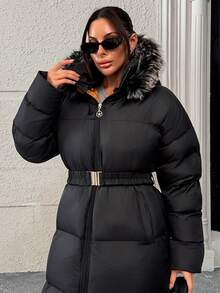 Rafferiza Fax Fur Hooded Belted And Pocket Detailed Elegant Style Black Color Long Winter Coats - Black - View 9
