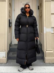 Rafferiza Fax Fur Hooded Belted And Pocket Detailed Elegant Style Black Color Long Winter Coats - Black - View 4