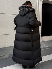 Rafferiza Fax Fur Hooded Belted And Pocket Detailed Elegant Style Black Color Long Winter Coats - Black - View 2