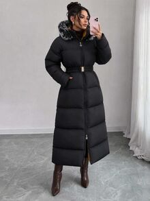 Rafferiza Fax Fur Hooded Belted And Pocket Detailed Elegant Style Black Color Long Winter Coats - Black - View 3