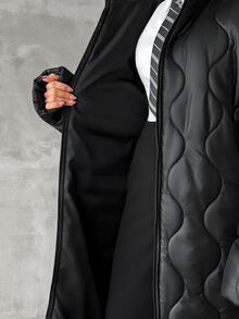 Rafferiza Damen schwarzer gesteppter Wintermantel mit Kapuze - Taillengürtel, wellenförmiges Steppdesign, warme Winteroberbekleidung, durchgehender Reißverschluss - Schwarz - Übersicht 9