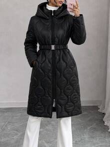 Rafferiza Damen schwarzer gesteppter Wintermantel mit Kapuze - Taillengürtel, wellenförmiges Steppdesign, warme Winteroberbekleidung, durchgehender Reißverschluss - Schwarz - Übersicht 3
