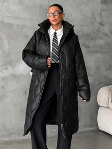Rafferiza Damen schwarzer gesteppter Wintermantel mit Kapuze - Taillengürtel, wellenförmiges Steppdesign, warme Winteroberbekleidung, durchgehender Reißverschluss - Schwarz - Übersicht 4