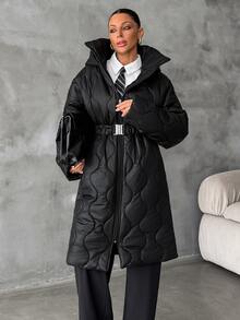 Rafferiza Damen schwarzer gesteppter Wintermantel mit Kapuze - Taillengürtel, wellenförmiges Steppdesign, warme Winteroberbekleidung, durchgehender Reißverschluss - Schwarz - Übersicht 2