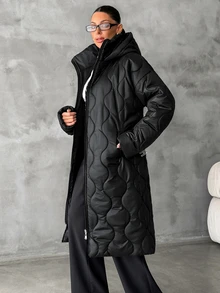 Rafferiza Damen schwarzer gesteppter Wintermantel mit Kapuze - Taillengürtel, wellenförmiges Steppdesign, warme Winteroberbekleidung, durchgehender Reißverschluss - Schwarz - Übersicht 8