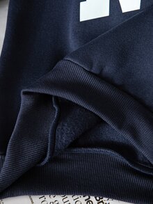 SHEIN 青少年女孩拉鍊半開襟寬鬆落肩抓絨運動衫 大字母印花 羅紋袖口下擺 長袖 校園風 海軍藍/黑色 秋季 - 藏蓝色 - 查看 5