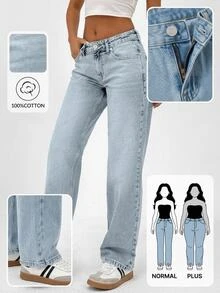 SHEIN بنطال جينز أزرق فاتح سادة بقصة واسعة الساق كاجوال مع جيوب للمدرسة والكلية والمناسبات الرسمية والصيف - أزرق فاتح - مشاهدة 7