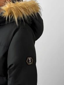 Rafferiza Women's Black Longline Quilted Puffer Jacket With Faux Fur Trim Hood, Warm Winter Outerwear - Black - View 7