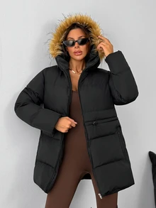 Rafferiza Women's Black Longline Quilted Puffer Jacket With Faux Fur Trim Hood, Warm Winter Outerwear - Black - View 5