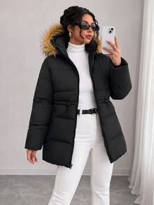 Rafferiza Women's Black Longline Quilted Puffer Jacket With Faux Fur Trim Hood, Warm Winter Outerwear - Black - View 1