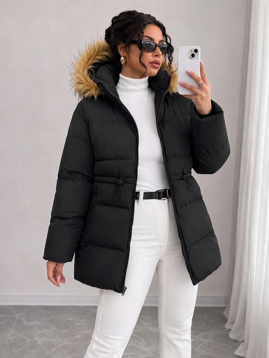 Rafferiza Women's Black Longline Quilted Puffer Jacket With Faux Fur Trim Hood, Warm Winter Outerwear - Black - View 1