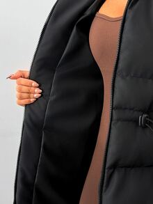 Rafferiza Women's Black Longline Quilted Puffer Jacket With Faux Fur Trim Hood, Warm Winter Outerwear - Black - View 8