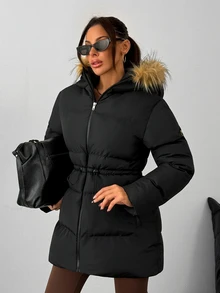 Rafferiza Women's Black Longline Quilted Puffer Jacket With Faux Fur Trim Hood, Warm Winter Outerwear - Black - View 4