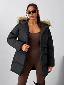 Rafferiza Women's Black Longline Quilted Puffer Jacket With Faux Fur Trim Hood, Warm Winter Outerwear - Black - View 3