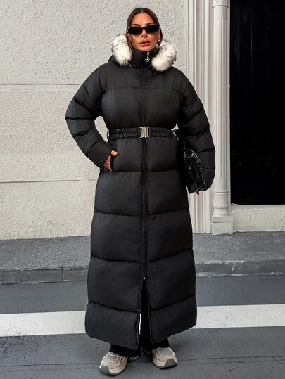 Rafferiza Women's Long Black Puffer Winter Coat With Faux Fur Hood – Belted Waist, Full Zip Closure, Warm Quilted Winter Outerwear, Olive Green Lining