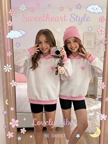 SHEIN 青少年女孩長袖抓絨秋季衛衣 開學外套 極簡復古可愛 Y2K 風格舒適秋季穿搭 粉色條紋黑色 - 白色 - 查看 1