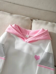 SHEIN 青少年女孩長袖抓絨秋季衛衣 開學外套 極簡復古可愛 Y2K 風格舒適秋季穿搭 粉色條紋黑色 - 白色 - 查看 4