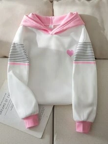 SHEIN 青少年女孩長袖抓絨秋季衛衣 開學外套 極簡復古可愛 Y2K 風格舒適秋季穿搭 粉色條紋黑色 - 白色 - 查看 7