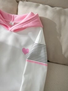 SHEIN 青少年女孩長袖抓絨秋季衛衣 開學外套 極簡復古可愛 Y2K 風格舒適秋季穿搭 粉色條紋黑色 - 白色 - 查看 6