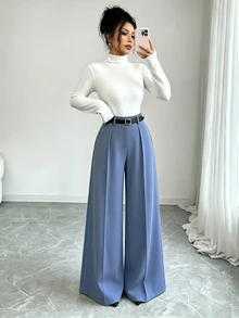Elenzga 2026新款復古軍綠色通勤日常時尚寬腿褲 女款 春秋高腰垂墜版型 顯瘦直筒長褲 日假期風格 百搭女式長褲 - 霧霾藍 - 查看 2