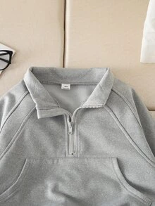 SHEIN 女童灰色黑色半拉鍊立領運動衫，秋季服飾，插肩袖拼接設計附前袋鼠口袋，校園休閒寬鬆款 - 灰色 - 查看 6