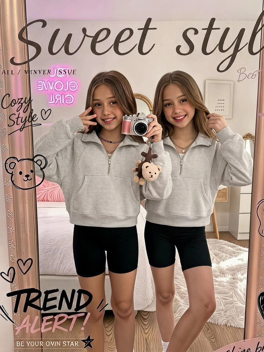 SHEIN 女童灰色黑色半拉鍊立領運動衫,秋季服飾,插肩袖拼接設計附前袋鼠口袋,校園休閒寬鬆款 - 灰色 - 查看 1
