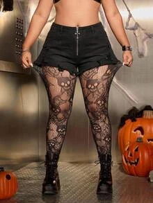 SHEIN CURVE+ Women's Halloween Skeleton Lace Sheer Elastic Leggings - Black - View 3