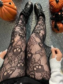 SHEIN CURVE+ Women's Halloween Skeleton Lace Sheer Elastic Leggings - Black - View 2