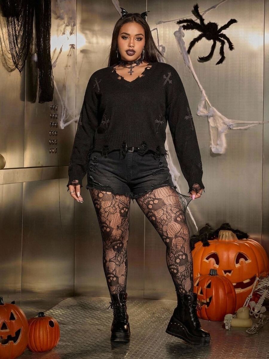 SHEIN CURVE+ Women's Halloween Skeleton Lace Sheer Elastic Leggings - Black - View 1