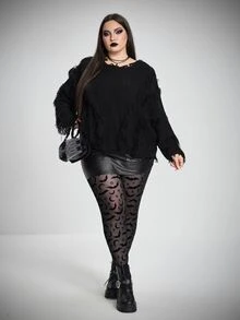 SHEIN CURVE+ Women's Plus Size Sheer Bat Halloween Pattern Leggings - Black - View 7