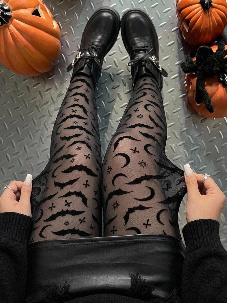 SHEIN CURVE+ Women's Plus Size Sheer Bat Halloween Pattern Leggings - Black - View 1