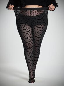 SHEIN CURVE+ Women's Plus Size Sheer Bat Halloween Pattern Leggings - Black - View 3