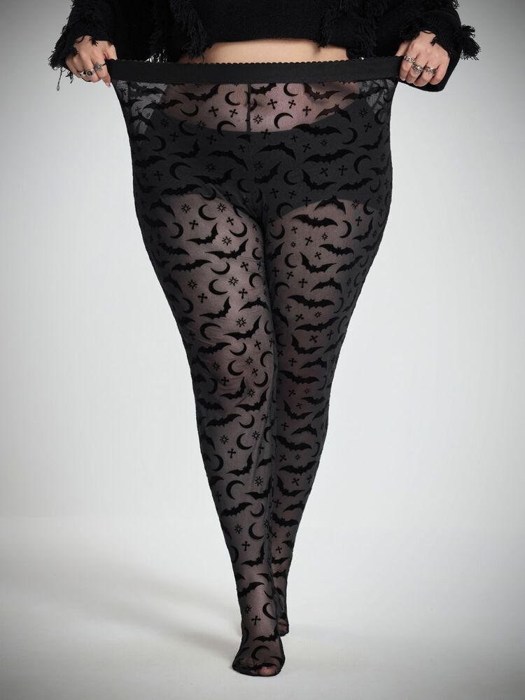 SHEIN CURVE+ 女款大尺碼透視蝙蝠萬聖節圖案緊身褲 - 黑色 - 查看 3
