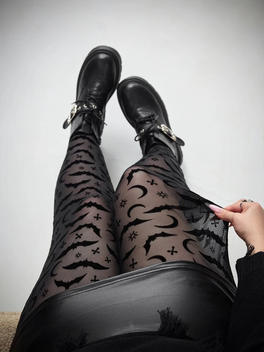 SHEIN CURVE+ Women's Plus Size Sheer Bat Halloween Pattern Leggings - Black - View 1