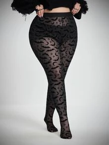 SHEIN CURVE+ Women's Plus Size Sheer Bat Halloween Pattern Leggings - Black - View 5