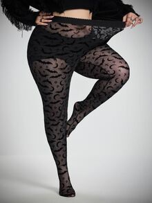 SHEIN CURVE+ Women's Plus Size Sheer Bat Halloween Pattern Leggings - Black - View 4