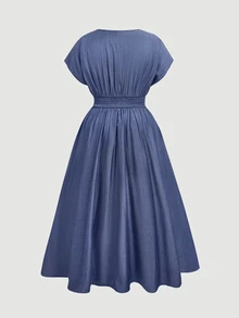 SHEIN MOD Plus Size Women's V-Neck Cap Sleeve Apricot Dress Elegant - Blue - View 2