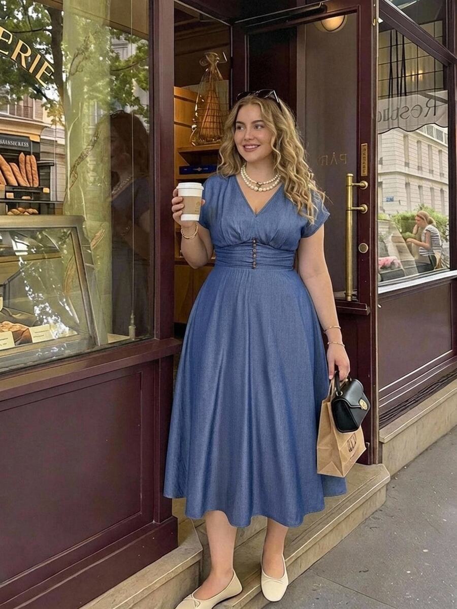 SHEIN MOD Plus Size Women's V-Neck Cap Sleeve Apricot Dress Elegant - Blue - View 1