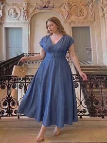 SHEIN MOD Plus Size Women's V-Neck Cap Sleeve Apricot Dress Elegant - Blue - View 5