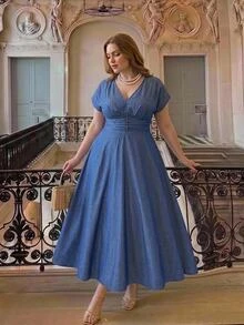 SHEIN MOD Plus Size Women's V-Neck Cap Sleeve Apricot Dress Elegant - Blue - View 8