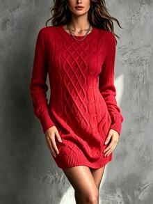 SHEIN Women's Solid Cable Knit Sweater Dress For New Year - Red - View 7