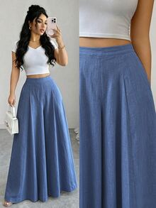 Elenzga 杏色亞麻高腰寬腿女款夏季設計喇叭顯瘦優雅通勤休閒長褲 - 霧霾藍 - 查看 3